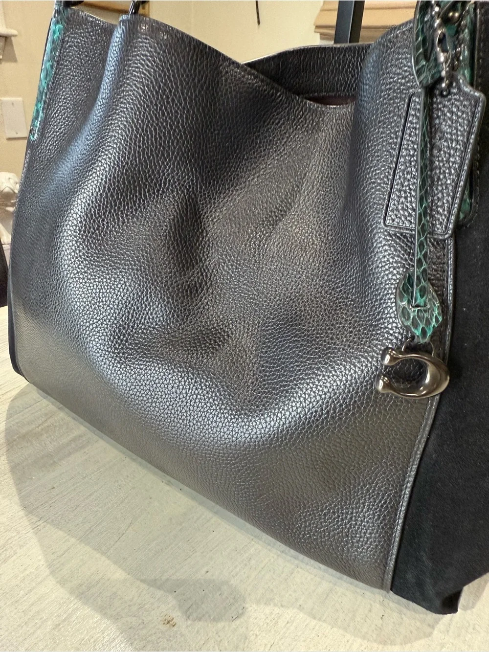 Coach Dalton 31 Black Shoulder Bag with Teal Snake-Print Strap and Suede